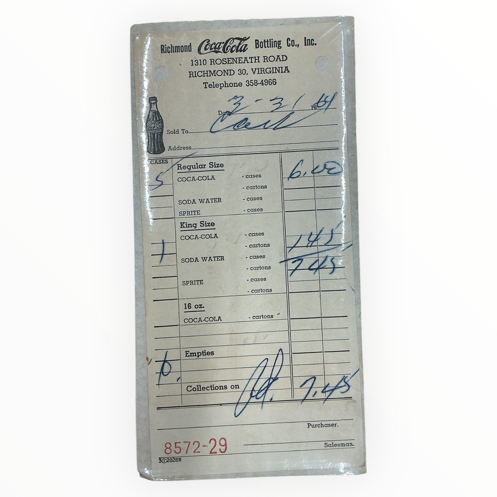 1964 Richmond Coca-Cola Bottling Co Receipt Virginia Soda‎ Invoice